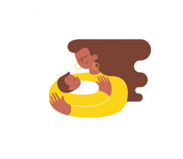 Young African-American woman hugging and cuddling her baby boy or girl and nursing him. Mother embracing newborn son and expressing love and care. Modern illustration. Isolated. Vector.
