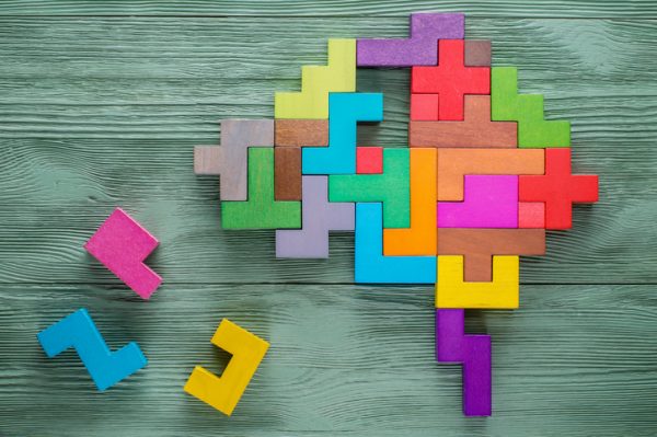 Human brain is made of multi-colored wooden blocks. Creative medical or business concept.