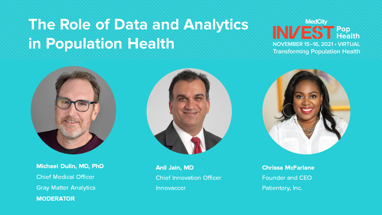 Headshots of speakers at INVEST pop health, from left to right: Michael Dulin, Anil Jain, Chrissa McFarlane