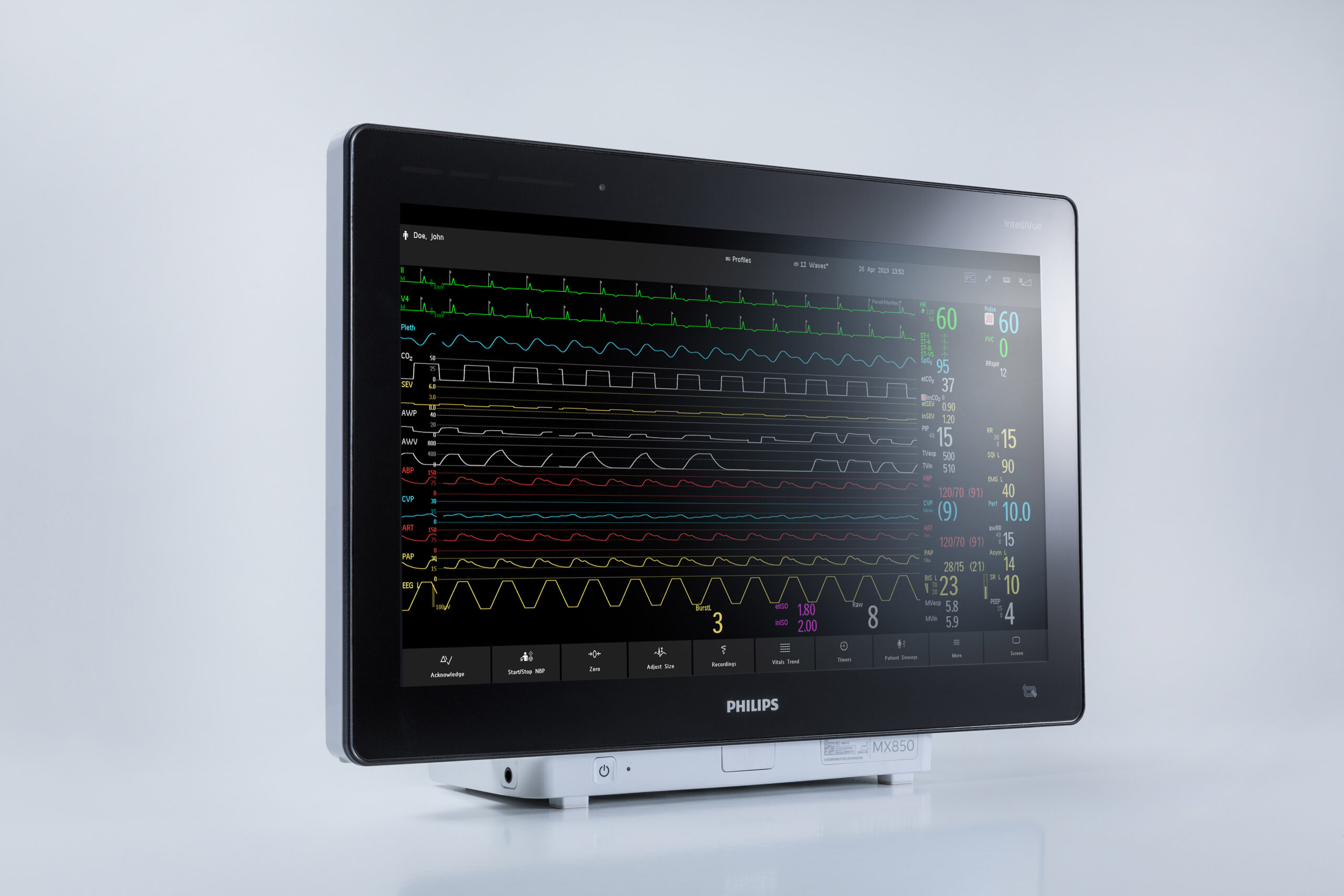 Image of the IntelliVue 850 monitor shows a large sceen with several patient vitals displayed in different colors. 
