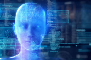 Artificial Intelligence hologram robot and futuristic UI panel.