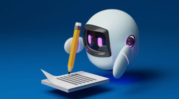 Cute robot holding a pencil to write a message on a piece of paper. Artificial intelligence technology, content creators, content or blogs, online marketing. 3d render illustration.