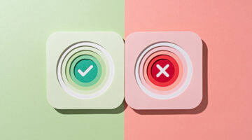 Multi Layered Paper Craft Check Mark and Cross Mark in Concentric Circles on Green and Red Background Front View, Right or Wrong Choosing Concept.