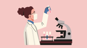 Female Doctor or Scientist Holds Test Tube in Laboratory, Advancing Healthcare Innovation with Research and Experimentation, Vector Flat Illustration