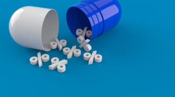 An open drug capsule with percentages showing drug discounts