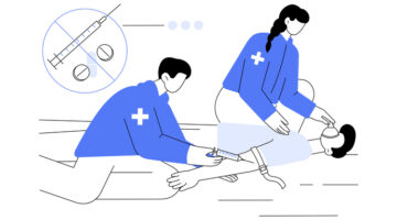 Overdose treatment abstract concept vector illustration. Group of paramedics deals with patients drug treatment, make injection, medical toxicology, dependence prevention abstract metaphor opioid overdose