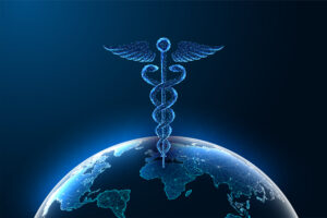 Global healthcare concept with glowing Caduceus symbol above Earth on dark blue background. Innovation, medical technology, health services, worldwide support. Futuristic style vector illustration.
