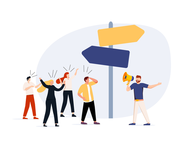Business guide to move to the right success direction, leadership to tell solution way, support, help or giving instruction concept, businessman with megaphone tell coworkers to walk the right way.