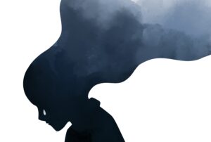 Sad woman crying watercolor painting texture on white background, mental health, illness ,brain development ,medical treatment concept