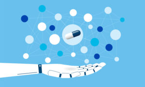 A mechanical hand with dots hovering over it and a pill showing AI and medicine