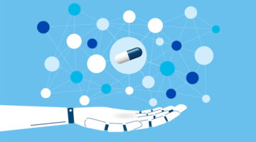 A mechanical hand with dots hovering over it and a pill showing AI and medicine