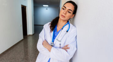 Concerned doctor taking a break, leaning against the wall in a hospital corridor, dealing with work stress. Healthcare lifestyle concept
