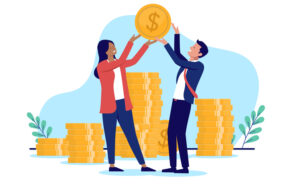 Two people with business income and profits lifting dollar coin celebrating financial success and profitable company. Economy and finances concept in flat design vector