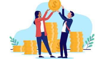 Two people with business income and profits lifting dollar coin celebrating financial success and profitable company. Economy and finances concept in flat design vector