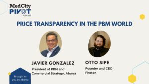 A poster with headshots of two healthcare executives