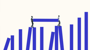 Side view of young man and woman carrying blue bar on graph against white background data bias