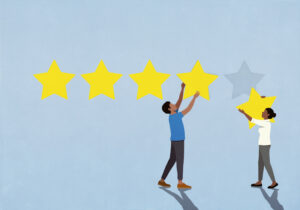 Couple rating, placing five stars on blue background