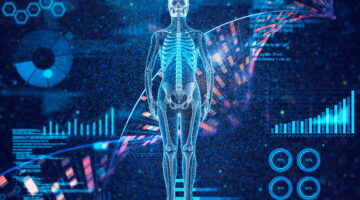 Human bone full body with genomic DNA molecular structure and data on particle background.