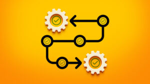 A dynamic 3D illustration featuring a long, curved arrow with focus circles along its path, each marked with a check signifying approval and progress. On both sides of the arrow are 3D mechanical gears, also containing check marks at their centers. This design symbolizes process flow, efficiency, and successful task completion. The interconnection of the arrow and gears visually conveys the seamless interaction and synchronization of components in a workflow. Ideal for concepts such as project management, quality assurance, and operational excellence, the design's modern aesthetic and bold 3D elements make it visually compelling and informative.