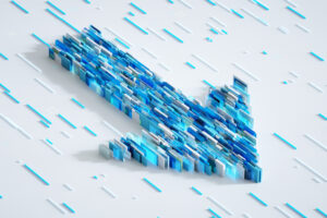 Digital generated image of arrow sign made out of cubes connected together into pattern on white background.