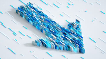 Digital generated image of arrow sign made out of cubes connected together into pattern on white background.