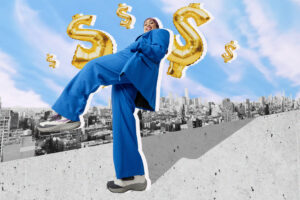 Collage of Business woman surrounded by financial symbols in the city