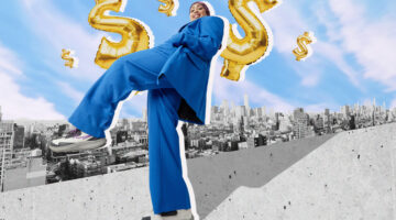 Collage of Business woman surrounded by financial symbols in the city