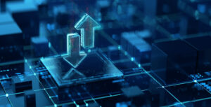 Digital Arrows icon as a symbol of file transfer and update. Digital technology background