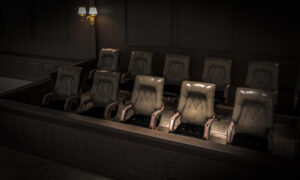 Empty chairs darkened jury box in courtroom, law concept 3d
