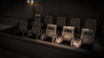 Empty chairs darkened jury box in courtroom, law concept 3d