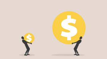 Businessman hanging big coin on much more paid money coins and less small income coin. concept of pay gap, inequality between man and woman wage, salary or income, issue about gender diversification