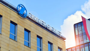 Warsaw, Poland. 20 February 2025. Neon sign with the inscription: Zimmer Biomet.