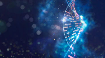 DNA molecular structure with sequencing data of human genome analysis.