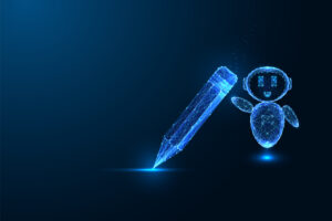 AI-powered creative writing and education concept. Futuristic chatbot with digital pencil. Smart learning, content creation, and automation. Modern vector illustration on dark blue background