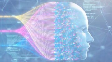 Abstract technology image of AI robot formed by binary data from node stream of dynamic array.