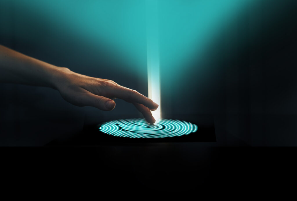 Illustration of advanced biometric technology using hand recognition and a digital interface system, highlighting futuristic security and innovative technology applications in data privacy and personal identification.