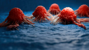 Cancer cell view - 3d rendered image, enhanced scanning electron micrograph (SEM) of cancer cell. Visual of overall shape of the cell's surface at a very high magnification. Medical research concept.