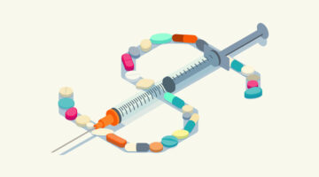 A syringe and a variety of pills form the shape of a dollar sign, illustrating money-related concepts associated with the pharmaceutical industry. These include: the cost of medications; health insurance; and the business of pharma, including innovation. Isometric vector illustration presented on an off-white background in a 16x9 artboard.