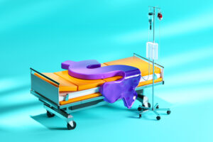 Digital generated image of dollar sign lying on a medical couch visualizing crisis and loss.