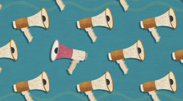 A pattern of megaphones with one megaphone facing in the opposite direction to the rest. A Composite image made of photographic textures and drawn elements