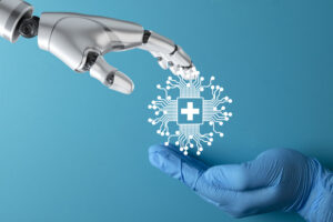 A robot hand and a doctor's hand with a medical technology icon. A concept for human and AI collaboration in healthcare, robotic-assisted surgery, and the future of medicine.