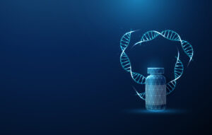3 blue DNA molecule helixes swirled in circle and bottle with drugs. Genetic engineering, treatment of genetic diseases with medicinal products, medical concept. Low poly wireframe style. pharmacogenetics test