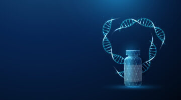 3 blue DNA molecule helixes swirled in circle and bottle with drugs. Genetic engineering, treatment of genetic diseases with medicinal products, medical concept. Low poly wireframe style. pharmacogenetics test