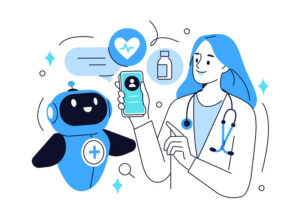 Artificial intelligence in medicine. Doctor character uses ai app for patient diagnosis, medical analysis. Healthcare technology concept. Vector illustration.