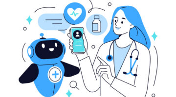 Artificial intelligence in medicine. Doctor character uses ai app for patient diagnosis, medical analysis. Healthcare technology concept. Vector illustration.