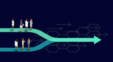 Groups of healthcare professionals stand on two converging arrows, illustrating the concept of a merger or unification. Translucent teal and turquoise arrows appear on an ultra-dark background within a 16x9 landscape artboard. Vector shapes, including people, are presented in isometric projection using a limited color palette. People are dressed as healthcare professionals and use internet-enabled devices.