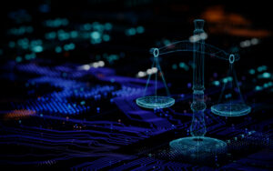 Digital balancing scale justice, fairness in modern technology environment. Holographic scales balance on illuminated datum background of ai circuitry. Innovation concept in abstract futuristic