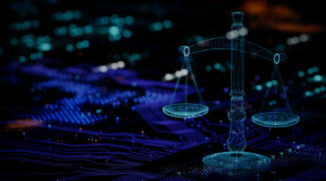 Digital balancing scale justice, fairness in modern technology environment. Holographic scales balance on illuminated datum background of ai circuitry. Innovation concept in abstract futuristic