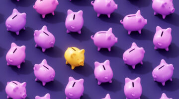 Digitally generated image of coloured piggy bank. Concept of fintech technology, new banking and savings.