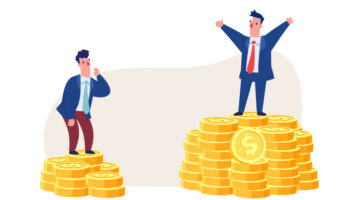 Successful businessman standing on larger stack of coins compared to competitor, symbolizing wealth, financial success, inequality, profit, competition, and business achievement.